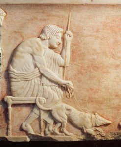 Caza de animales, relieve de una base de estatua encontrada en el cementerio de Dipylon, Atenas (detalle)